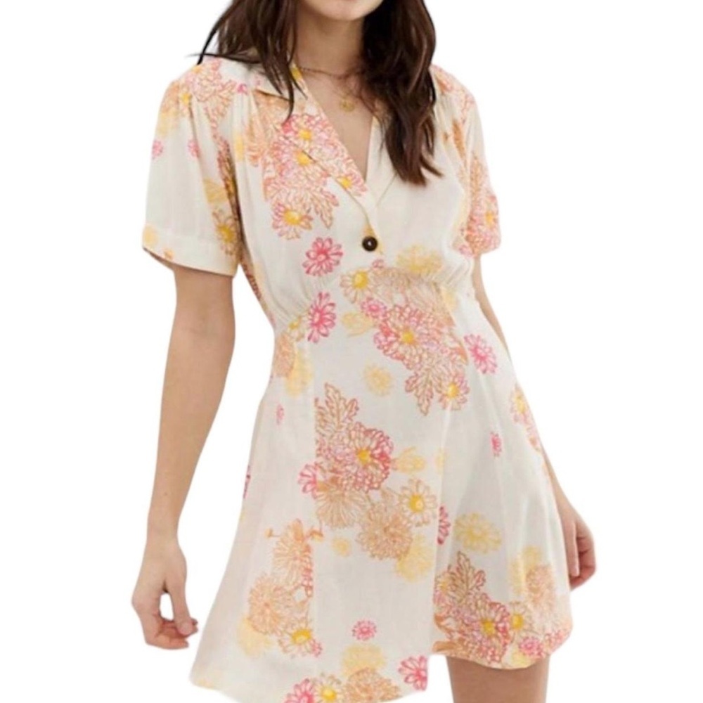 Free People Blue Hawaii Dress Cream Floral Print Size XS